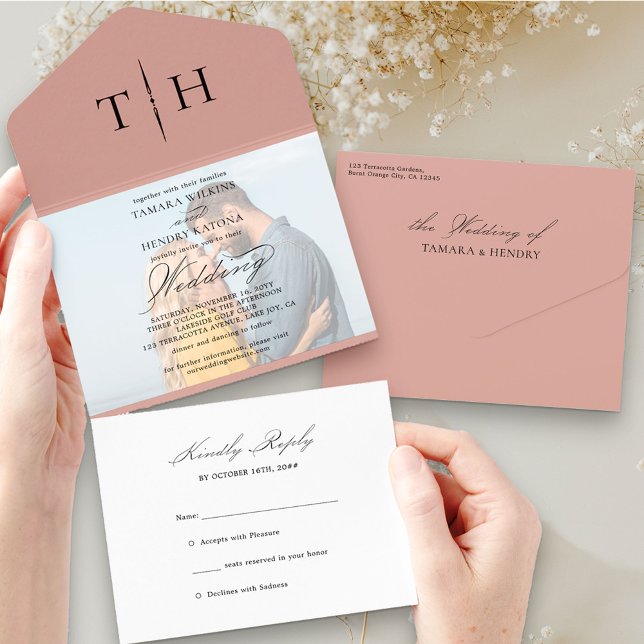 Simple Calligraphy Foto Rose Gold UAWG Wedding All In One Einladung (Von Creator hochgeladen)