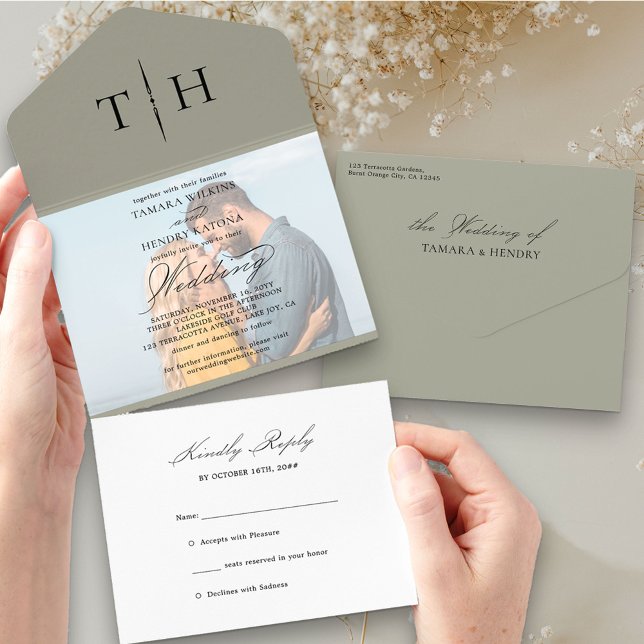 Simple Calligraphy Foto Sage Green UAWG Wedding All In One Einladung (Von Creator hochgeladen)