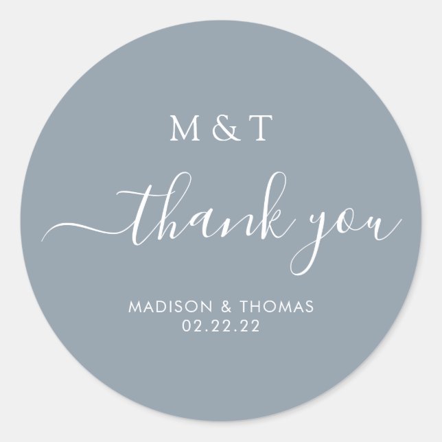 Simple Calligraphy Monogram Dusty Blue Wedding Runder Aufkleber (Vorderseite)