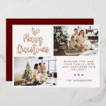 Simple Calligraphy Two Foto Collage Red Christmas Folien Feiertagskarte<br><div class="desc">Einfache Kalligraphie Zwei Foto Collage Red Christmas Foil Weihnachtskarte.</div>