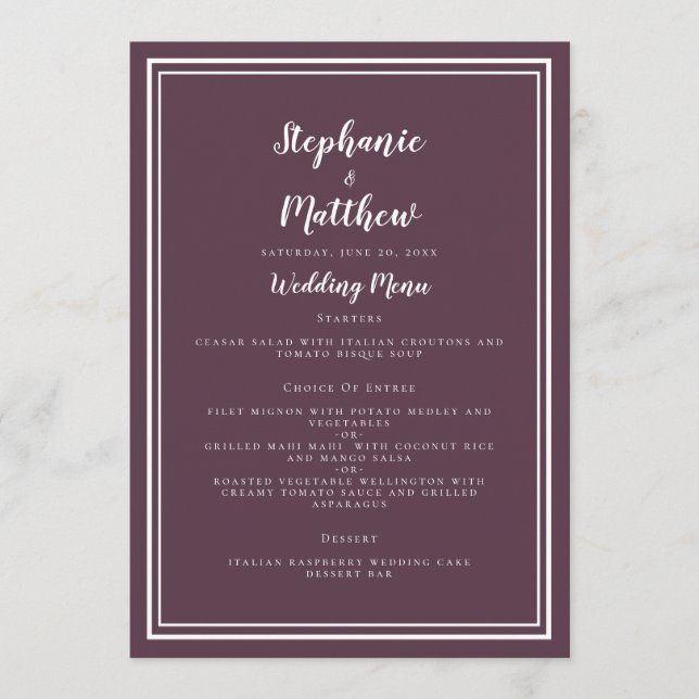 Simple Cassis Lila Wedding Menu Klassisch Gerahmt Menükarte (Vorderseite)