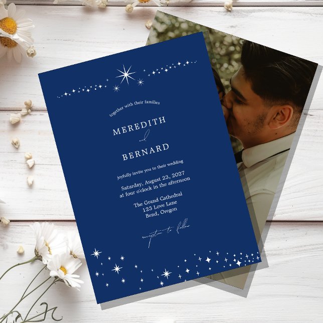 Simple Celestial Elegant Wedding Navy Blue Photo Einladung (Von Creator hochgeladen)