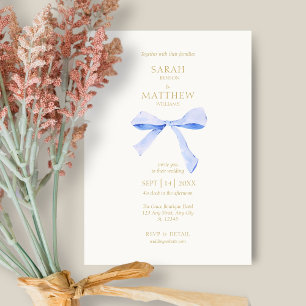 Simple Chic Blue Ribbon   Off White Wedding Einladung
