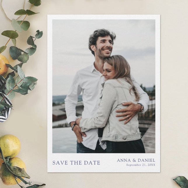 Simple Chic Blue Typografy Foto Save the Date Einladung (Von Creator hochgeladen)