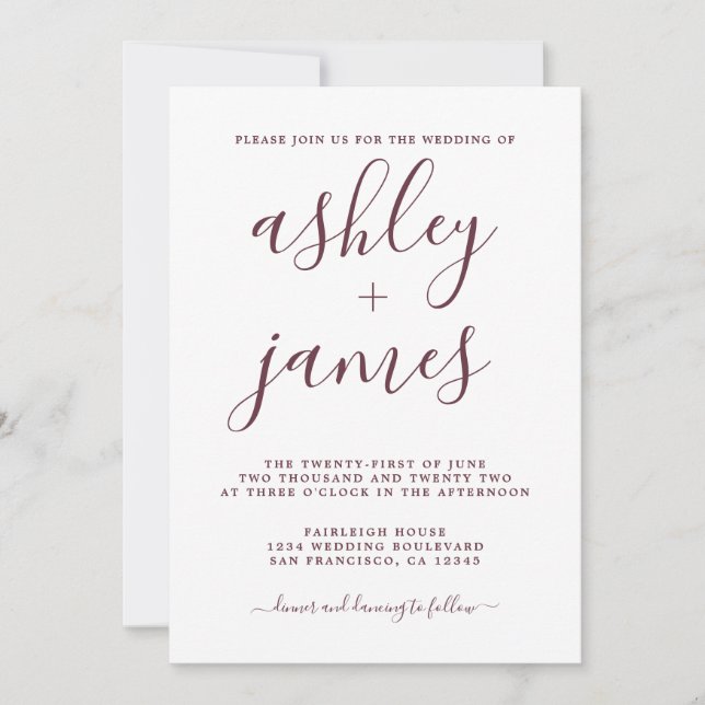 Simple Chic Burgundy Calligrafy Wedding Einladung (Vorderseite)