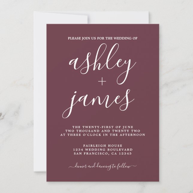 Simple Chic Calligraphy Burgundy Wedding Einladung (Vorderseite)