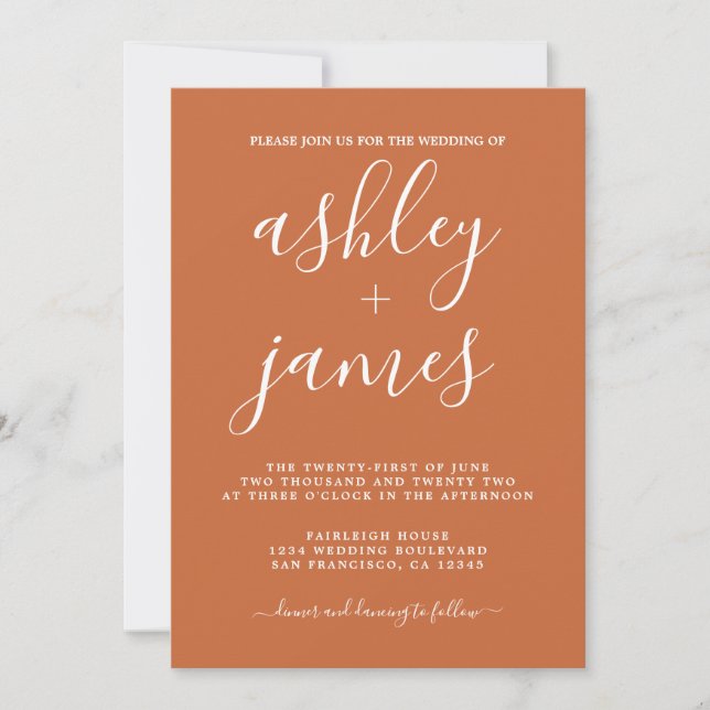 Simple Chic Calligraphy Burnt Orange Wedding Einladung (Vorderseite)