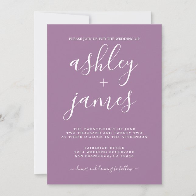 Simple Chic Calligraphy Dusty Lavender Wedding Einladung (Vorderseite)