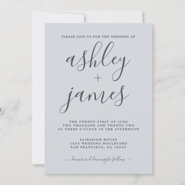 Simple Chic Calligraphy Pastel Blue Wedding Einladung (Vorderseite)