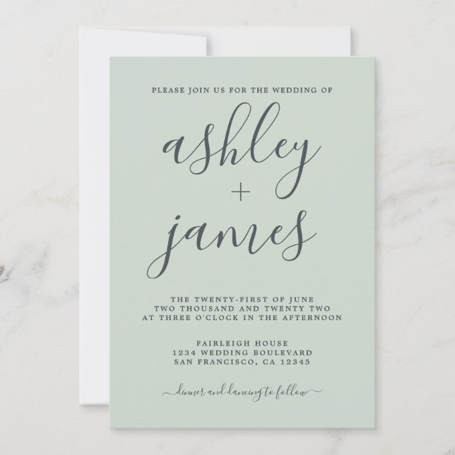 Simple Chic Calligraphy Pastel Green Wedding Einladung (Vorderseite)