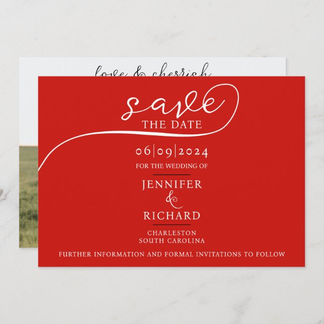 Simple Chic Cherry Red Wedding Calligraphy Foto Save The Date (Vorne/Hinten)