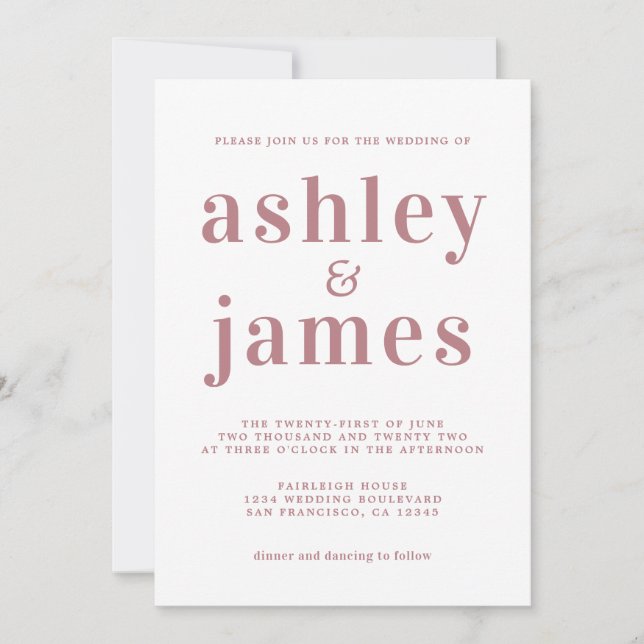 Simple Chic Dusty Rose Typografy Wedding Einladung (Vorderseite)