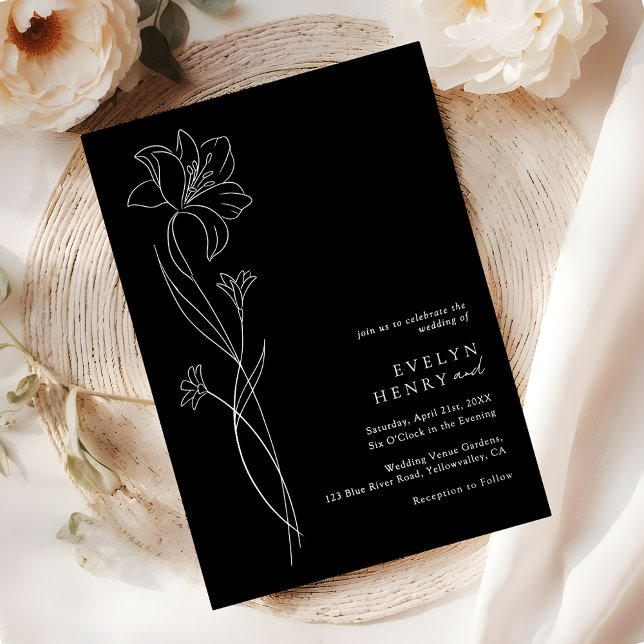Simple Chic Floral Elegant Wedding Black & Silver Folieneinladung (Von Creator hochgeladen)