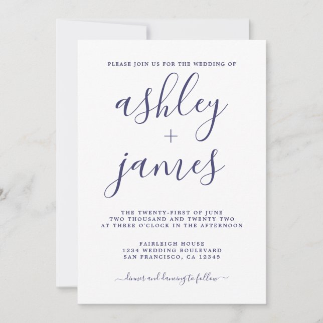 Simple Chic Navy Blue Calligraphy Wedding Einladung (Vorderseite)