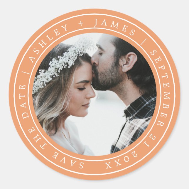 Simple Chic Save the Date Wedding Foto Orange Runder Aufkleber (Vorderseite)