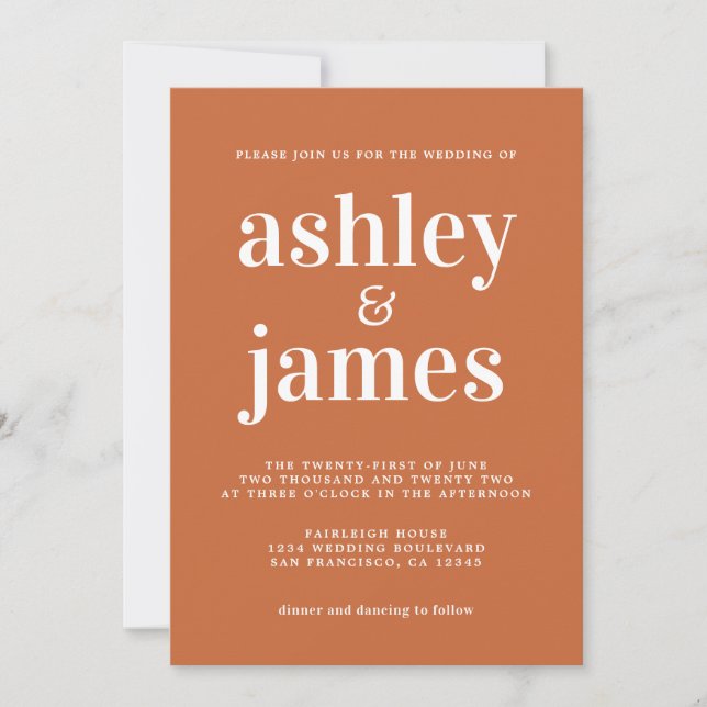 Simple Chic Typografie Burnt Orange Wedding Einladung (Vorderseite)
