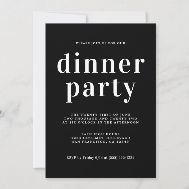 Simple Chic Typografy Black Dinner Party Einladung (Vorderseite)