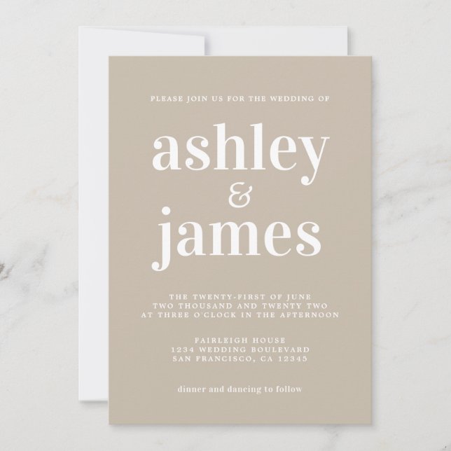 Simple Chic Typografy Shiitake Gray Wedding Einladung (Vorderseite)
