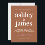 Simple Chic Typografy Terracotta Wedding Einladung<br><div class="desc">Einfache und schicke Hochzeitseinladung mit weißer stilvoller, eleganter und moderner Typografie auf Terrakotta-Hintergrund. Fügen Sie einfach Ihre Hochzeitsdetails hinzu. Exklusiv für Sie entworfen von Happy Dolphin Studio. Wenn Sie Hilfe oder passende Produkte benötigen, kontaktieren Sie uns bitte unter happydolphinstudio@outlook.com. Wir helfen Ihnen gerne, Ihre Hochzeit zum schönsten Tag zu machen!...</div>