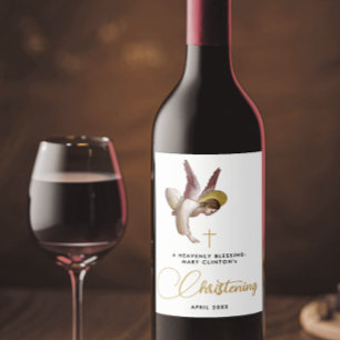 Simple Chic White Angel Faith Taufe Christening Weinetikett