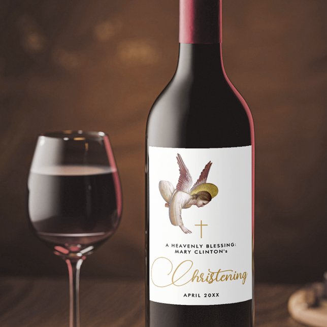Simple Chic White Angel Faith Taufe Christening Weinetikett (Von Creator hochgeladen)