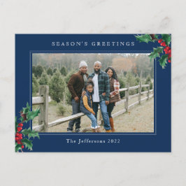 Simple Christmas Holly Berry Custom Foto Blue Feiertagspostkarte