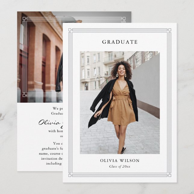 Simple Classic Border 2 Photo Elegant Graduation Ankündigung (Vorne/Hinten)