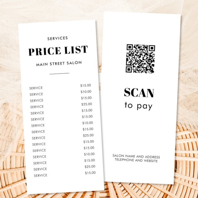 Simple Classic Hair Salon Photo Price List QR Code Werbekarte (Von Creator hochgeladen)