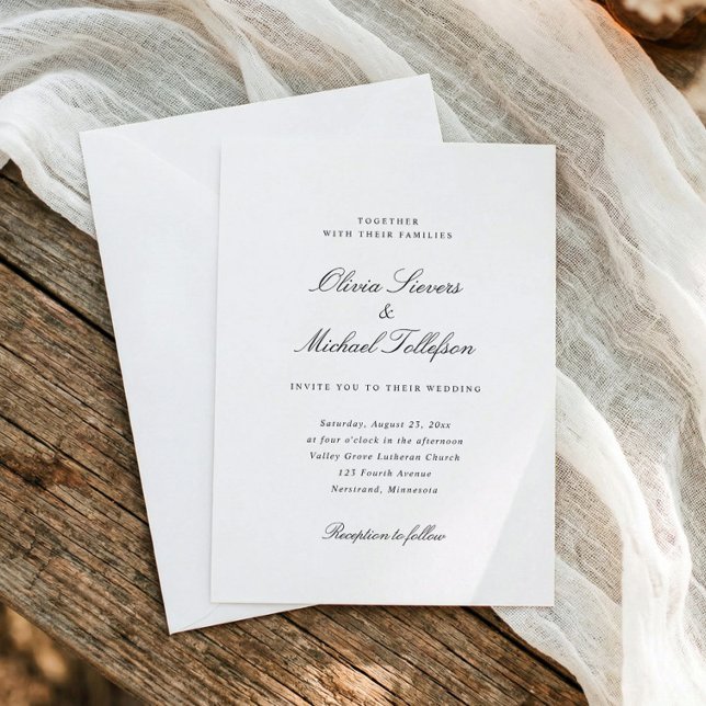 Simple Classic Traditional Old Money Wedding Einladung (Traditional black and white wedding invitation with classic calligraphy and formal typography)