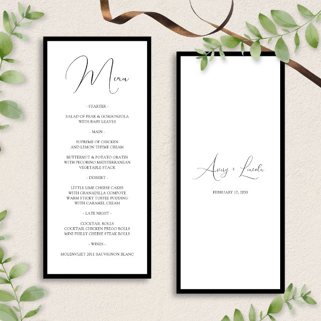 Simple Classy Black & White Border Script Wedding Menükarte (Von Creator hochgeladen)