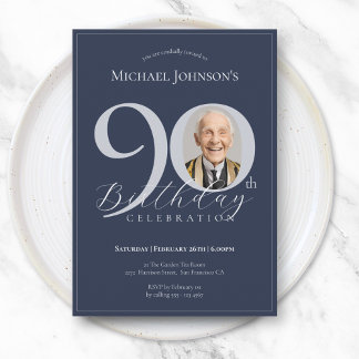 Simple Classy Navy Blue Silver Photo 90th Birthday Einladung
