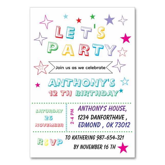 Simple colorful birthday invitation tischnummer (Vorderseite)