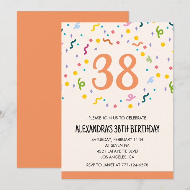 Simple Confetti 38. Geburtstag Einladungen Modern (Vorne/Hinten)