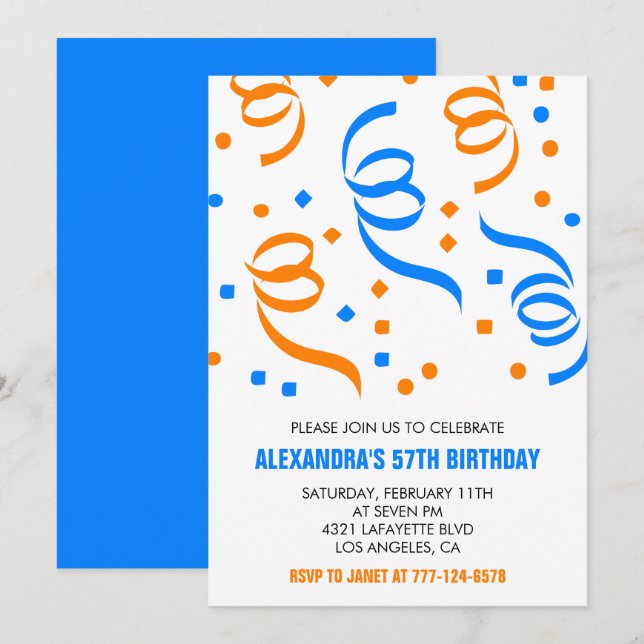 Simple Confetti 57. Geburtstag Einladungen Blau (Vorne/Hinten)