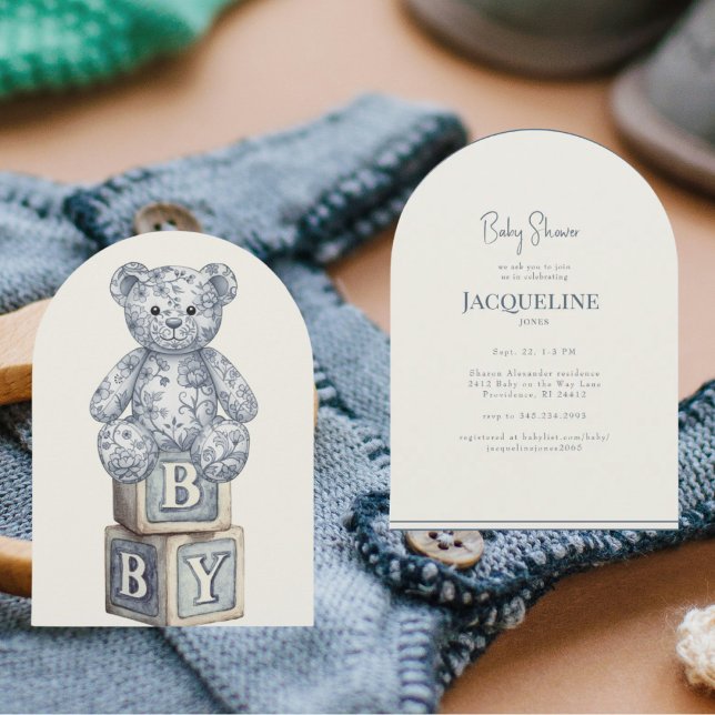 Simple Cream & Blue Teddy Bear Arch Baby Shower Einladung (Von Creator hochgeladen)
