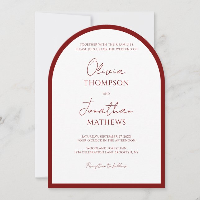 Simple Crimson Red Border Script Wedding Arch Einladung (Vorderseite)