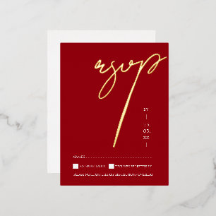 Simple Crimson Red Script Wedding RSVP Gold Folie Einladungspostkarte