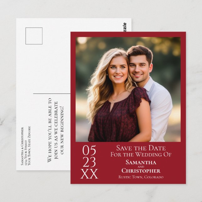 Simple Crimson Red Wedding Save the Date Foto Postkarte (Vorne/Hinten)