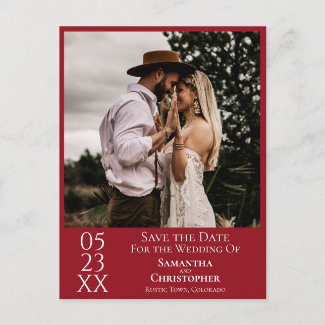 Simple Crimson Red Wedding Save the Date Foto Postkarte (Vorderseite)