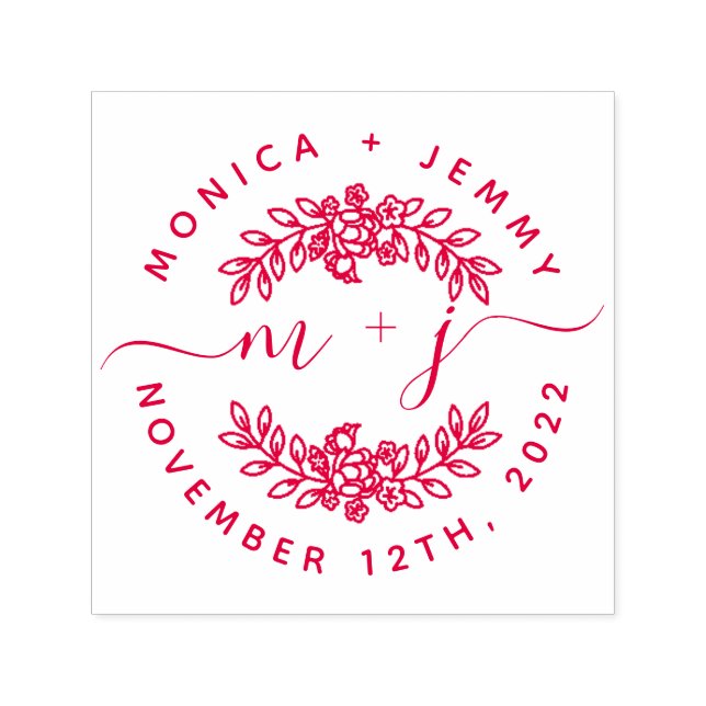 Simple Custom Leaves Initials Script Round Wedding Permastempel (Design)