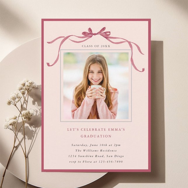 Simple Deep Blush Bow Graduation Party Photo Pink Einladung (Von Creator hochgeladen)