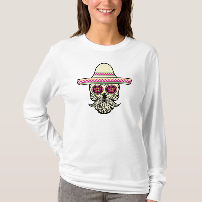 Simple Dia de Muertos Skull mit Hat Sleeve Shirt (Vorderseite)
