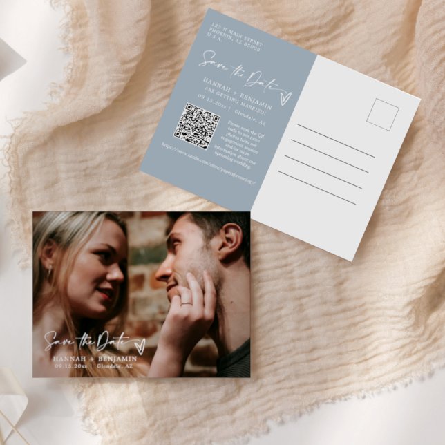 Simple Dusty Blue Boho Save the Date QR Code Foto Postkarte (Von Creator hochgeladen)