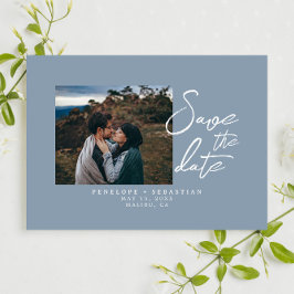 Simple Dusty Blue Calligraphy Boho Foto Wedding Save The Date