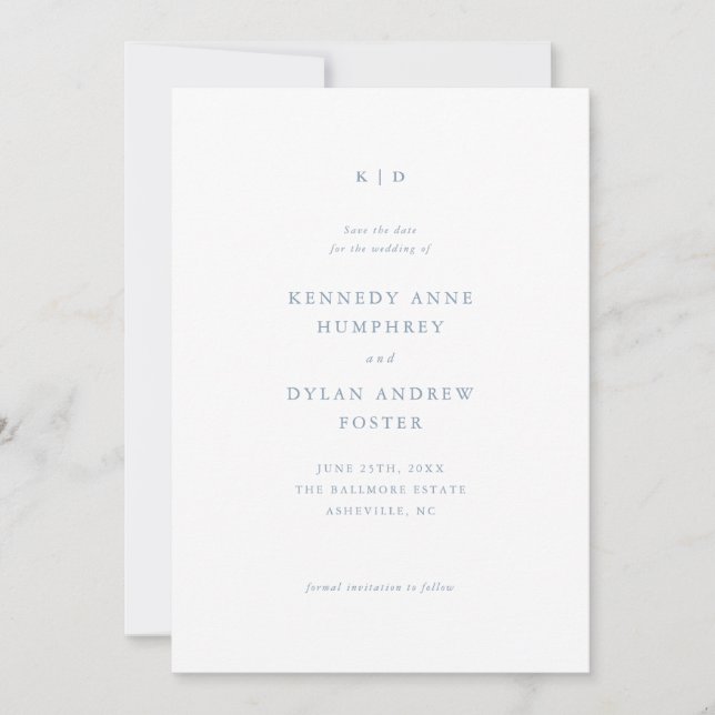 Simple Dusty Blue Elegante Wedding Save The Date (Vorderseite)