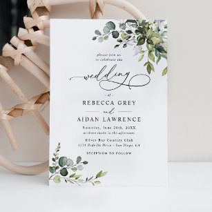 Simple Dusty Blue Eukalyptus Greenerity Wedding Einladung