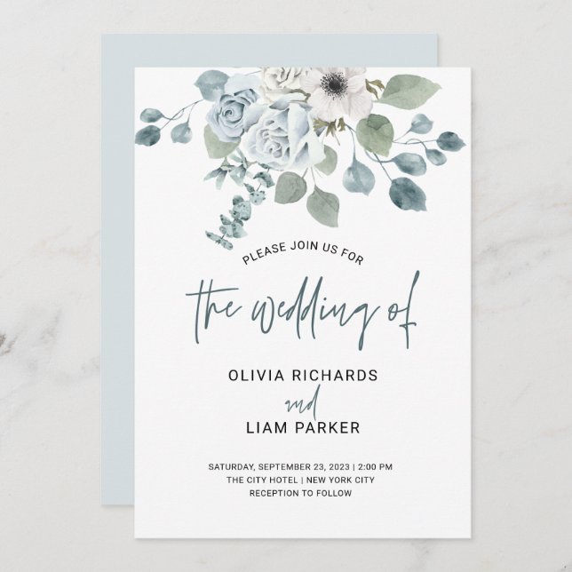 Simple Dusty Blue Floral and Eukalyptus Wedding Einladung (Vorne/Hinten)