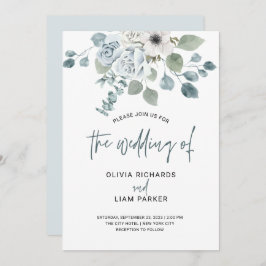 Simple Dusty Blue Floral and Eukalyptus Wedding Einladung