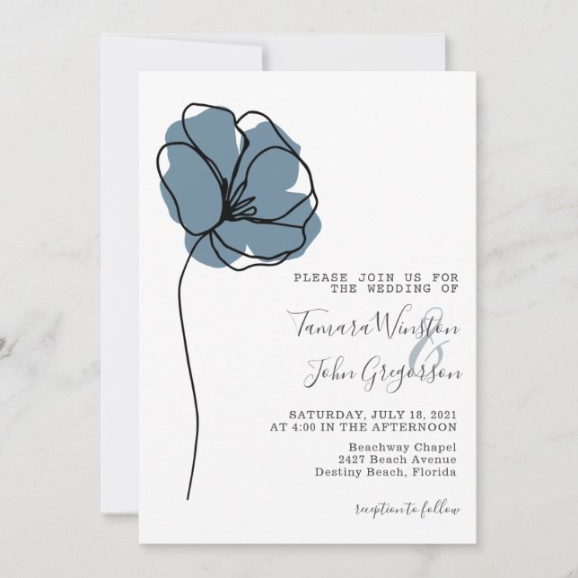 Simple Dusty Blue Floral Zeichnend Line Art Weddin Einladung (Vorderseite)