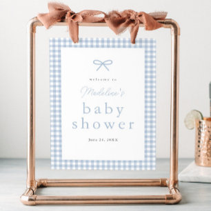 Simple Dusty Blue Gingham Boys Baby Dusche Willkom Poster